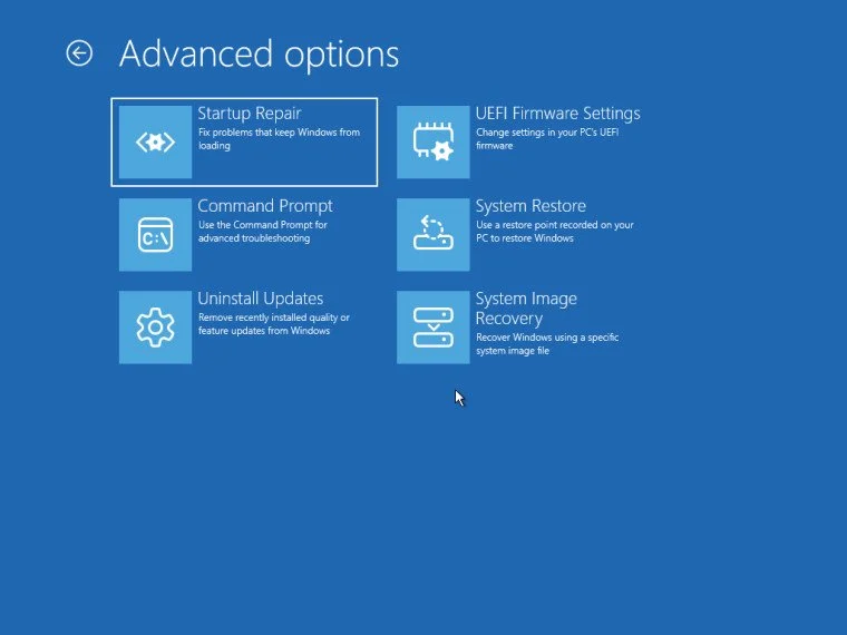 Antarmuka Windows Recovery Environment saat melakukan pemulihan sistem