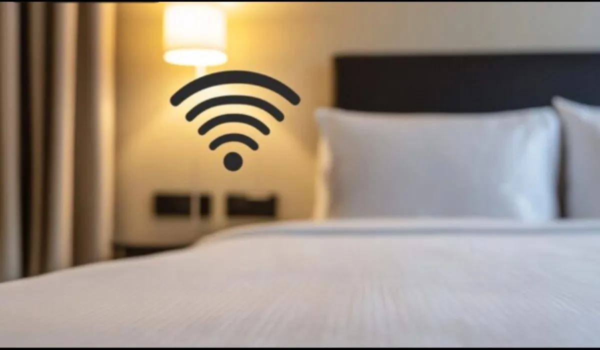 Ilustrasi orang menggunakan laptop terhubung ke jaringan Wi-Fi hotel