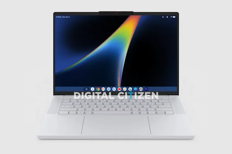 Tampilan laptop Googlebook dengan tombol khusus Gemini dan antarmuka gabungan Android ChromeOS