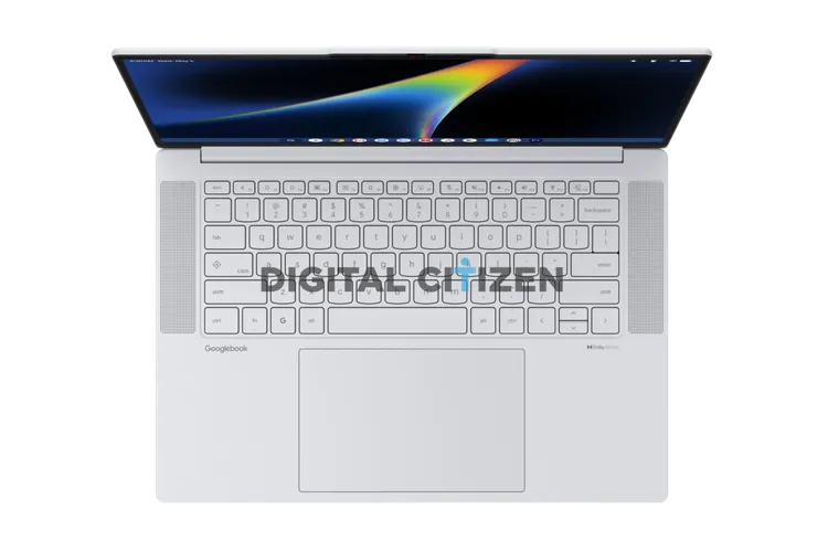 Tampilan laptop Googlebook dengan tombol khusus Gemini dan antarmuka gabungan Android ChromeOS