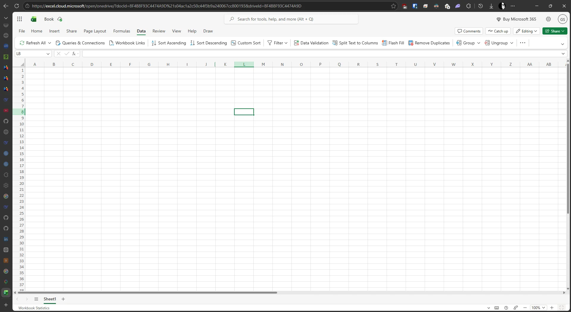 Antarmuka Excel for the Web yang menampilkan integrasi data
