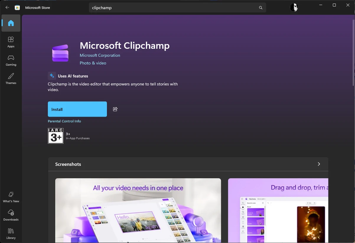 Tampilan antarmuka aplikasi video editor Clipchamp di Windows