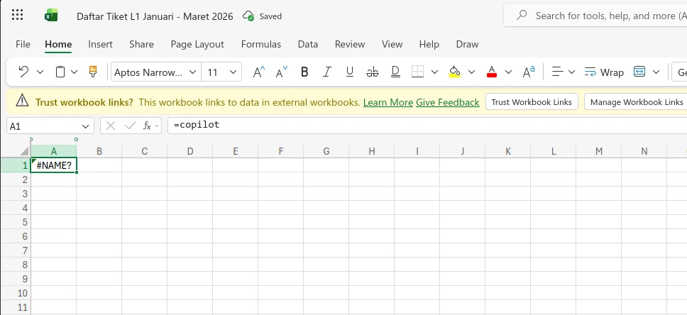 Tampilan antarmuka Microsoft Excel dengan fitur Copilot