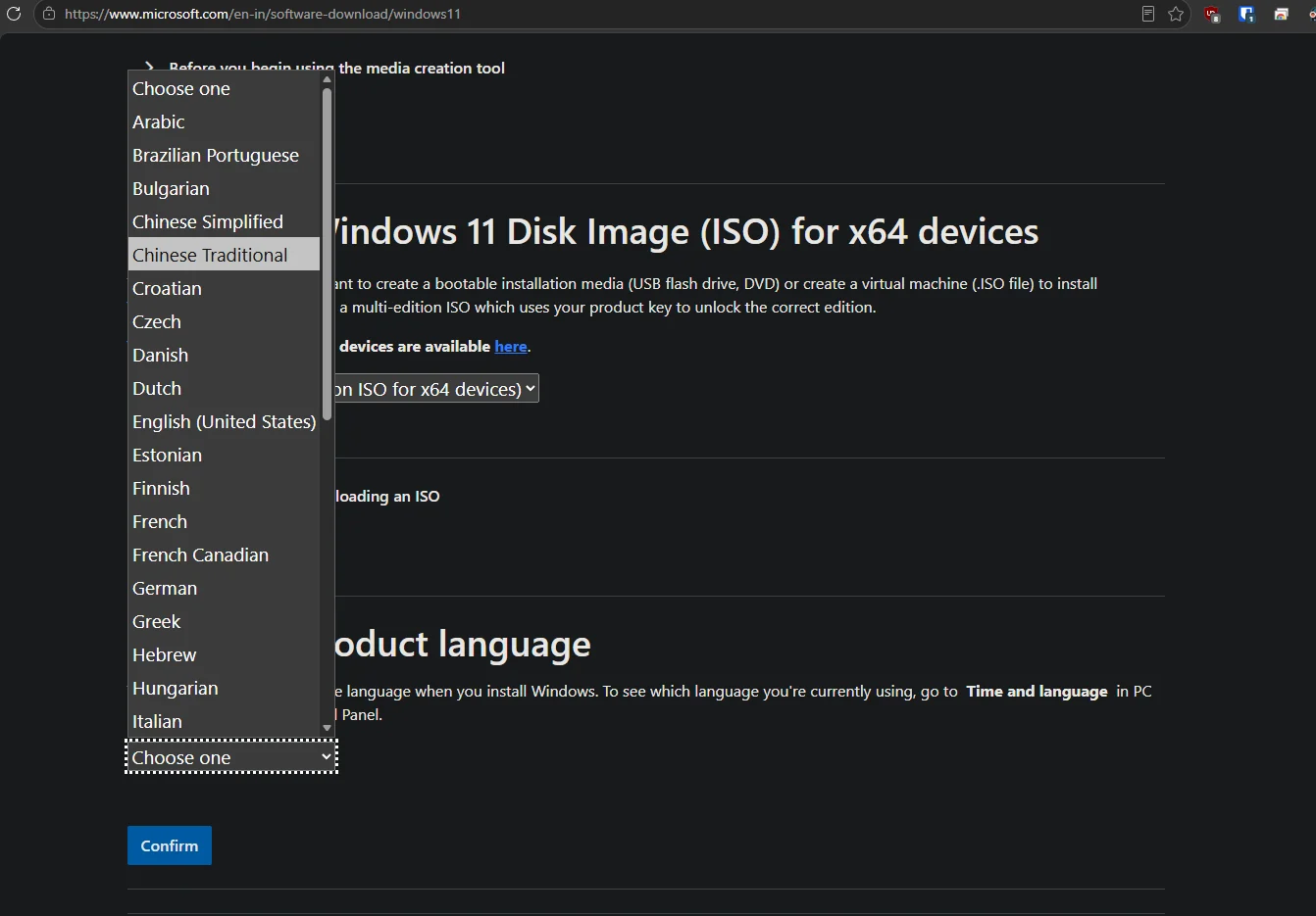 Tampilan halaman download Windows 11 untuk pemilihan bahasa ISO